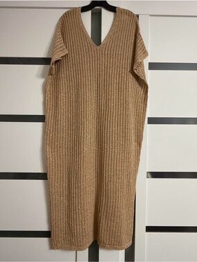 Zara Ribbed V-Neck Midi Dress in Camel Gold Lurex